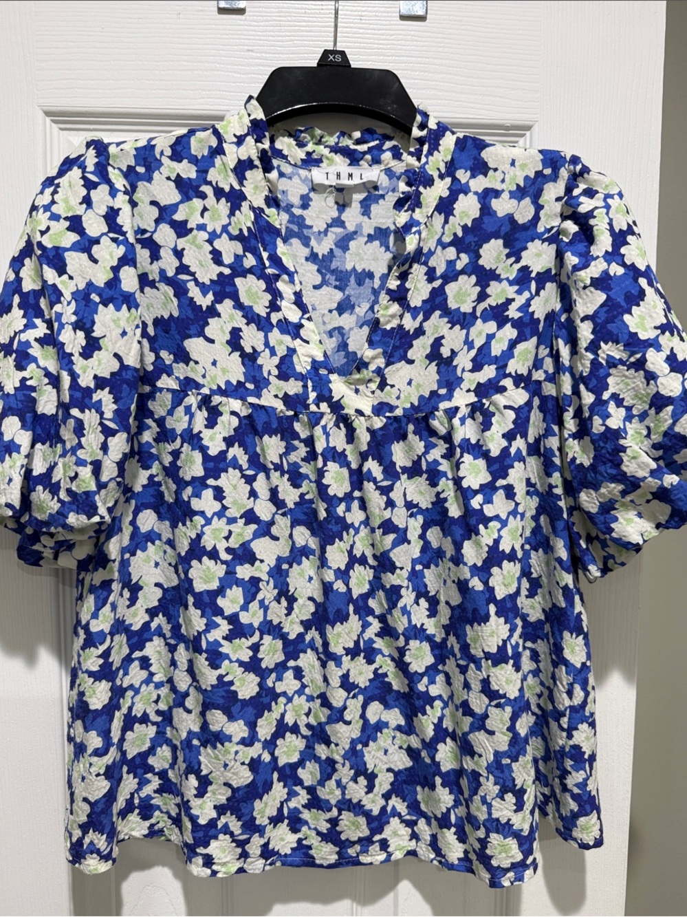 THML Brand Royal Blue Floral V-Neck Puff Sleeve Blouse